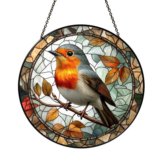 Stained Glass Robin Window Art Bird Nature Scene Decorative Glass Suncatcher for Home Interior Window Accent