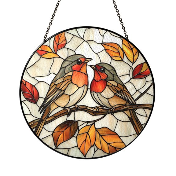 Stained Glass Robins with Fall Colors Window Hanging Art