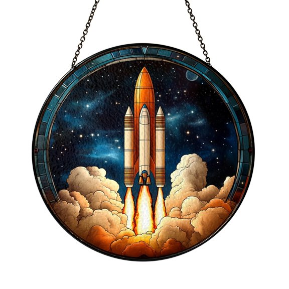 Stained Glass Rocket Window Hanging Space Launch Scene Decorative Glass Suncatcher for Home Interior Window Accent