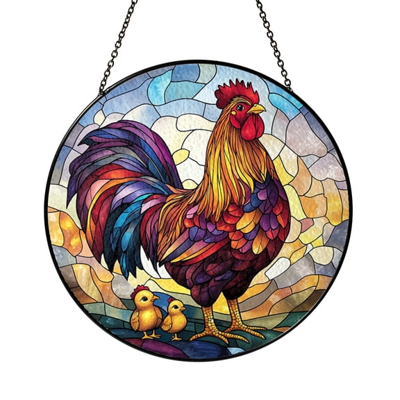Stained Glass Rooster Hanging With Chick Farmyard Scene Window Decor Rural Nature Art