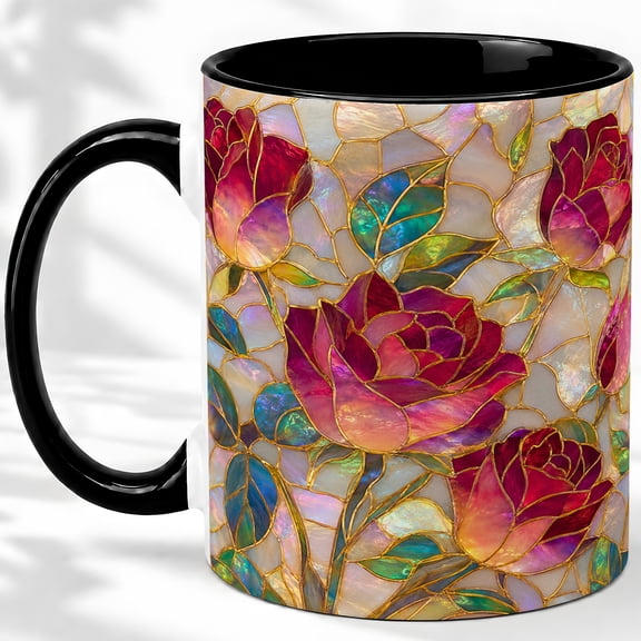 Stained Glass Rose Accent Mug, 11oz Ceramic Coffee Cup for Rose Lovers