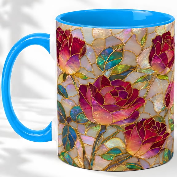 Stained Glass Rose Accent Mug, 11oz Ceramic Coffee Cup for Rose Lovers