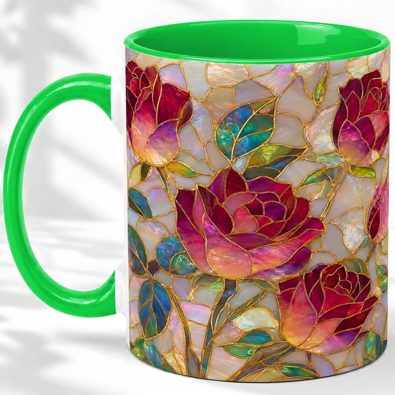 Stained Glass Rose Accent Mug, 11oz Ceramic Coffee Cup for Rose Lovers
