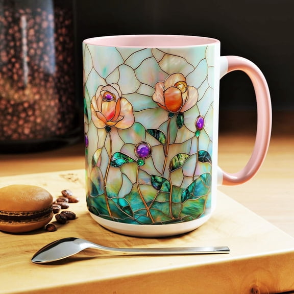 Stained Glass Rose Coffee Mug Pink Pastel Ceramic Cup Floral Rose Design with Flowers