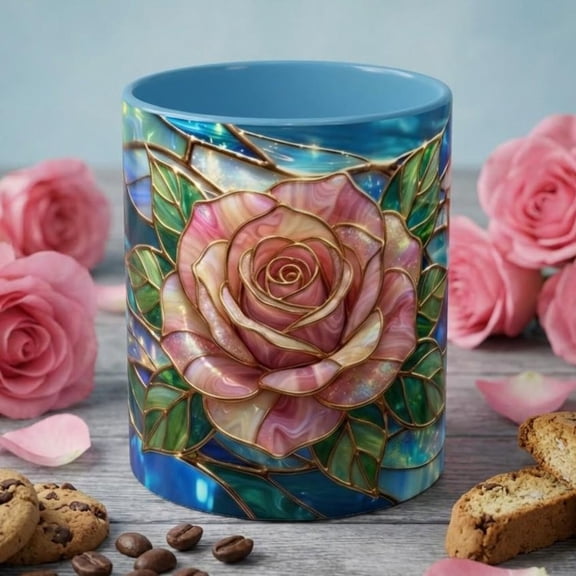 Stained Glass Rose Mug, Pink Flower Coffee Cup, Fantasy Floral Tea Cup, Magical Garden Gift, Galaxy Rose Art, Botanical Lover Present