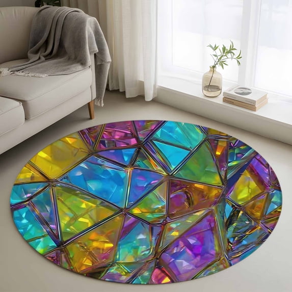 Stained Glass Round Area Rug 3.3Ft Washable Circle Rugs for Dining Room Table, Vintage Abstarct Geometric Pattern Art Non-Slip Carpet Floor Mats Indoor Outdoor Carpet Runner Aesthetic Home Decor