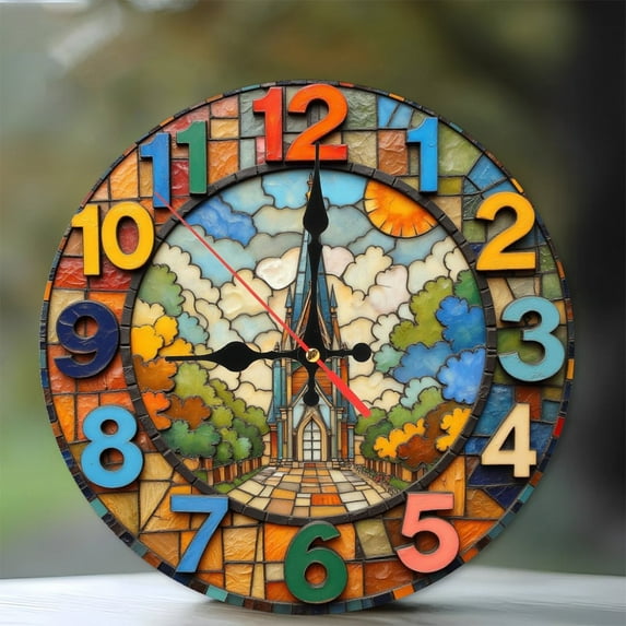 Stained Glass Round Clock Home Decor Unique Design 10-Inch Silent Wooden Wall Clock, Battery Operated (AA Batteries Not Included), Artistic Home Decor