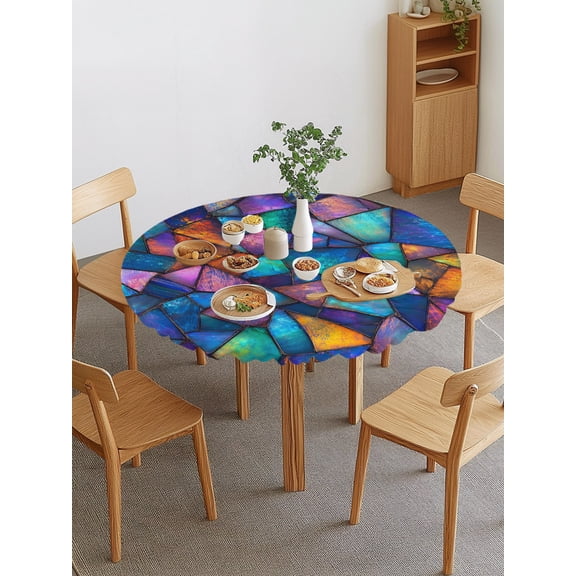 Stained Glass Round Fitted Tablecloth with Elastic Edge, Abstract Minimalist Blue Purple Glass Sheets Texture Waterproof Stretch Table Covers for 36"-44" Tables Wipeable Table Cloth for Outdoor