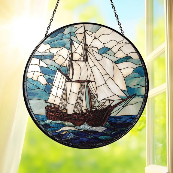 Stained Glass Sailboat Suncatcher Nautical Window Hanging Ocean Ship Coastal Home Decor Gift