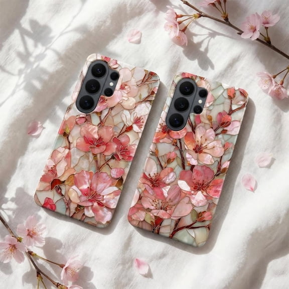 Stained Glass Sakura Tough Phone Case, Cherry Blossom Protective Matte Cover Compatible with iPhone 13