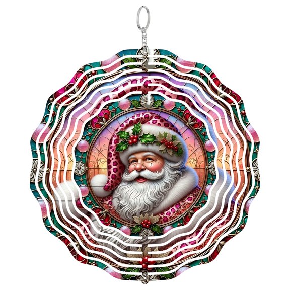 Stained Glass Santa 3D Wind Spinner Kinetic Christmas Welcome Hanging Yard Decor