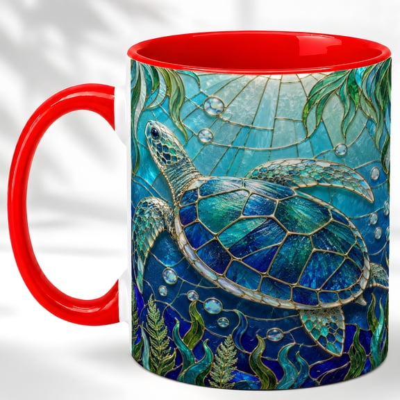 Stained Glass Sea Turtle Coffee Mug, Ocean Turtle Mug, Ceramic Cup