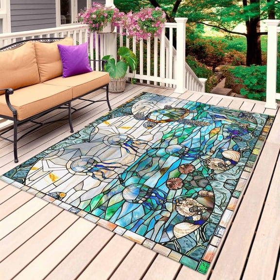 Stained Glass Sea Turtle Outdoor Rug 5x8 Ft, Non Slip Washable Area Rug, Summer Coastal Ocean Jellyfish Patio Rugs Carpet Runner, Large Floor Mat for Indoor/Outdoor Deck Porch Camping