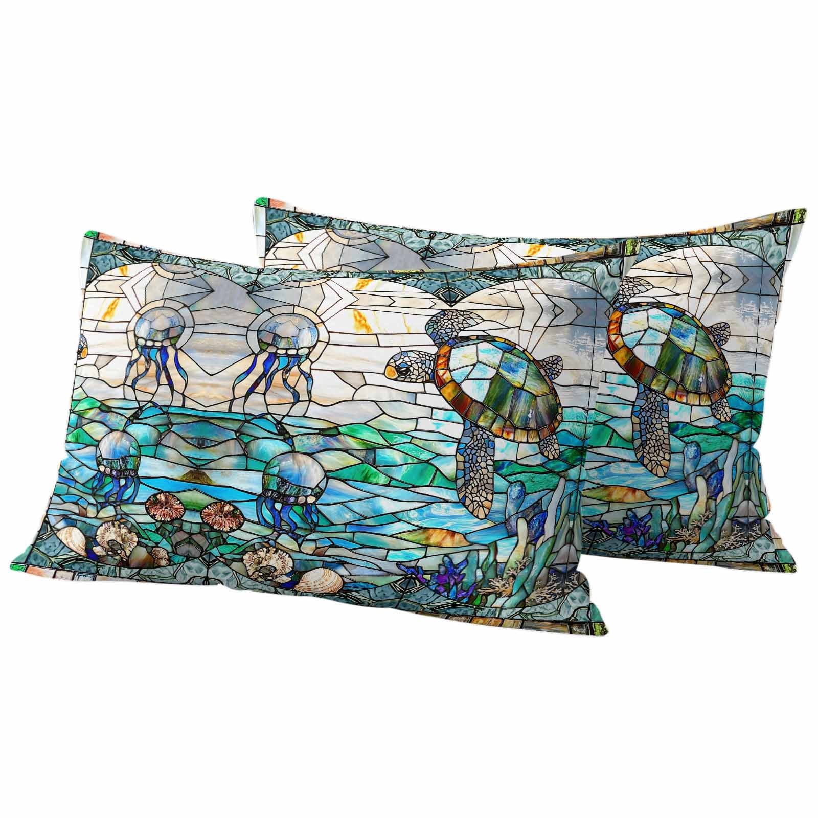 Stained Glass Sea Turtle Outdoor Waterproof Pillow Covers, Summer Coastal Ocean Jellyfish Decorative Rectangle Throw Pillowcase Sofa Cushion Sham for Patio/Couch/Chair, 20"x12" 2 Pack