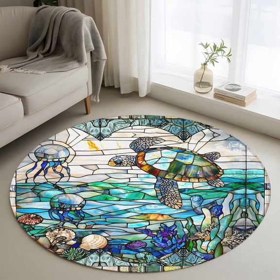 Stained Glass Sea Turtle Round Rug 3ft Washable Circle Entryway Rugs Non Slip Summer Coastal Ocean Jellyfish Area Rug Indoor Floor Carpet for Bedroom Kitchen Living Room Office Dining Room Nursery