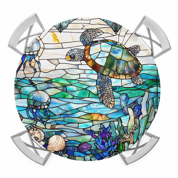 Stained Glass Sea Turtle Round Tablecloth for 36-44 Inch Tables,Fitted Table Cover with Elastic Edge,Summer Coastal Ocean Jellyfish Waterproof Outdoor Table Cloth Protector for Patio Garden Dinner