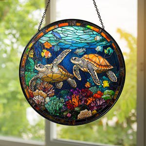 Stained Glass Sea Turtle Suncatcher: Coral Reef Ocean Window Hanging, 3.5 in