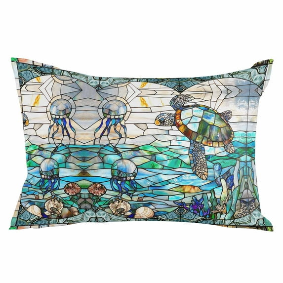 Stained Glass Sea Turtle Throw Pillow Cover 20 x 26 Inch Decorative Pillow Cover Summer Coastal Ocean Jellyfish Lumbar Pillowcase Seasonal Rectangle Cushion Case for Couch Sofa Bed Living Room