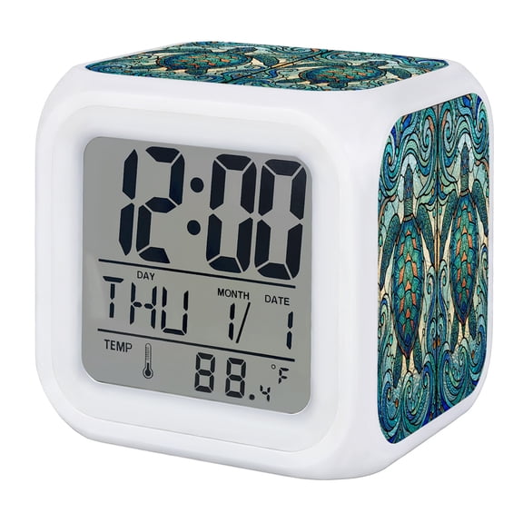 Stained Glass Sea Turtles Alarm Clock, Ethnic Nautical Green Ocean Abstract Floral Digital Clock Night Light with 7 Color, Calendar Temperature Display, LED Desk Small Clock for Bedrooms Living Room