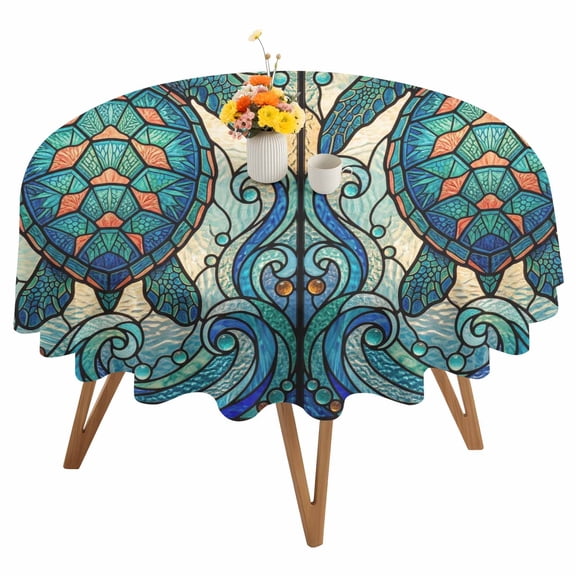 Stained Glass Sea Turtles Round Tablecloth 54 inches Ethnic Nautical Green Ocean Abstract Floral Waterproof Oil-Proof Table Cloth Round Table Cover for Holiday Party Picnic Dinner Decor