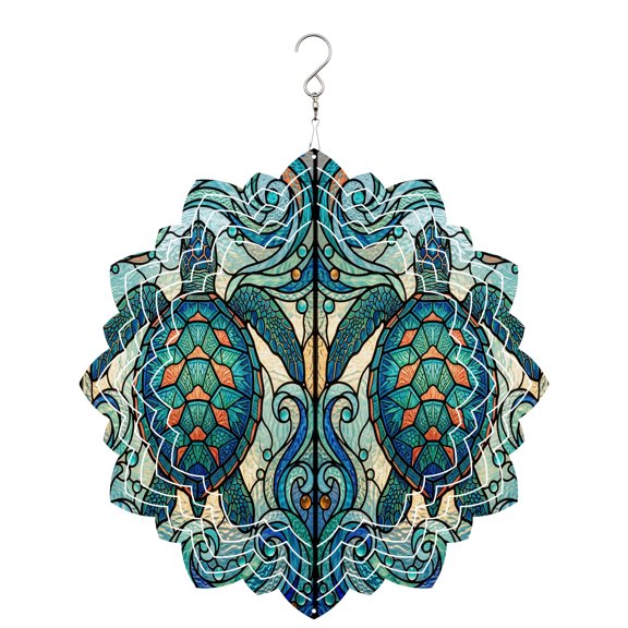 Stained Glass Sea Turtles Wind Spinner for Garden Yard 8In, Ethnic Nautical Green Ocean Abstract Floral 3D Stainless Steel Kinetic Hanging Wind Spinners Rustproof Outdoor Decor for Lawn Patio Home