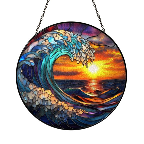 Stained Glass Sea Wave Suncatcher for Window Decor, Nautical Coastal Hanging Accent, Relaxing Ocean Home Gift