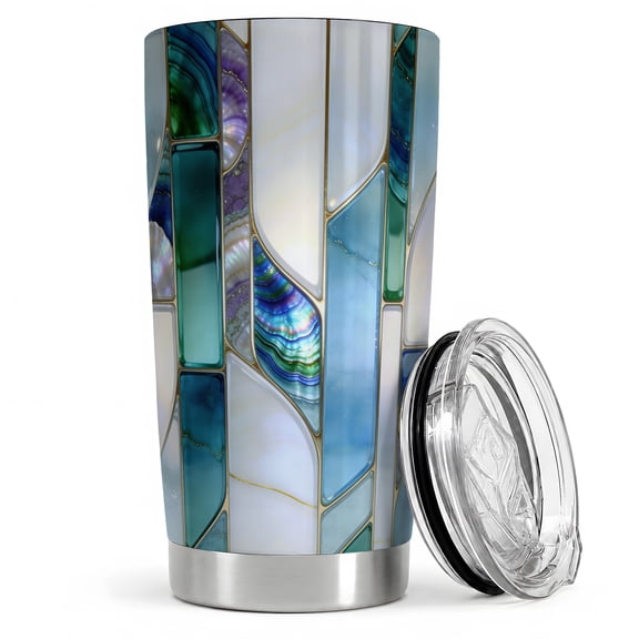 Stained Glass Seashell 20oz Tumbler, Stained Glass Tumbler, Daily Drinkware, Blue Teal Mosaic Shell Panels, Coastal Ocean Cup, Beach Home Decor Fans, Women, Adults, and Ocean Lovers