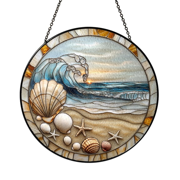 Stained Glass Seashell Panel – Ocean-Themed Window Hanging for Coastal Home Decoration
