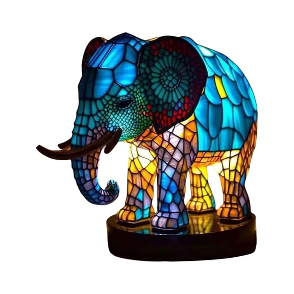 Stained Glass Series Animal Table Lamp, Vintage Resin LED Night Light Statue, Cute Owl Dog Elephant Sculpture for Bedroom Bedside Decor, USB Powered Art Ornament Gift for Kids Adults