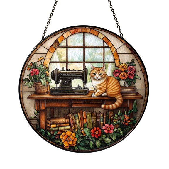 Stained Glass Sewing Theme Cat Suncatcher Window Hanging, Creative Craft Inspired Home Window Decor