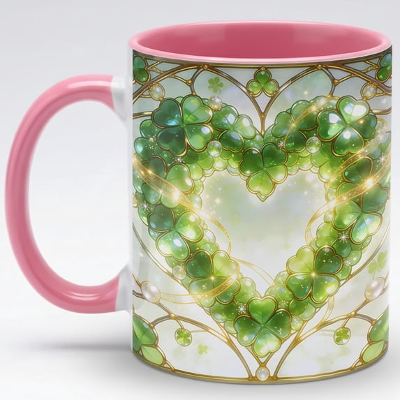 Stained Glass Shamrock Heart Ceramic Mug, Luxury Celtic Clover Art Coffee Cup, Lucky Irish Home Decor Drinkware for St Patrick's Day Party