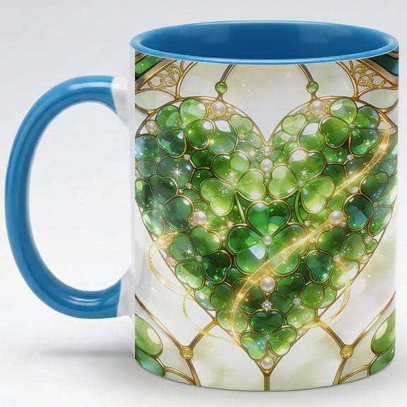 Stained Glass Shamrock Heart Ceramic Mug, Luxury Clover Jewel Art Coffee Cup, Lucky Irish Home Decor Drinkware for St Patrick's Day Celebration