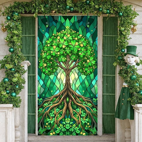 Stained Glass Shamrock Tree Banner Green Theme Luck Backdrop Shamrock Decoration Gold Coin Accent Stained Glass Background for St. Patrick's Day Party Luck Theme Party Indoor Decoration