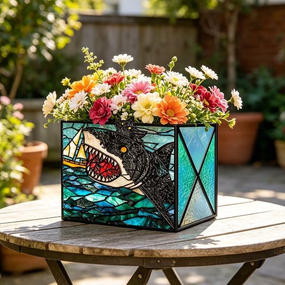 Stained Glass Shark Black Cat Desktop Storage Box, Decorative Multipurpose Pen Holder, Square Plant Pot Organizer for Office Bedroom Vanity Table Decor