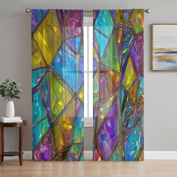 Stained Glass Sheer Curtains 108 Inch Length 2 Panels Set, Vintage Abstarct Geometric Pattern Art Voile Window Treatment Semi Sheer Long Curtains Drapes for Bedroom/Living Room/Kitchen 52"x108"x2