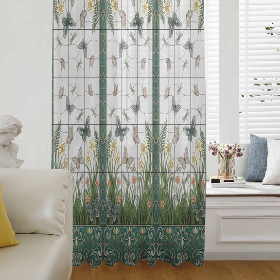 Stained Glass Sheer Curtains 108 Inches Long for Living Room/Bedroom, Butterfly Flowers Spring Watercolor Plant Rod Pocket Voile Kitchen Curtains & Drapes Window Treatment 1 Panel, 52"W x 108"L