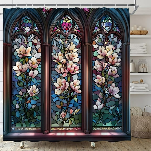 Stained Glass Shower Curtain Abstract Arched Window Fantasy Antique Colorful Art Deco Elegant Ornate Vintage Boho Floral Plant Flower Fabric Bathroom Decor Set with Hooks 72"W x 72"L