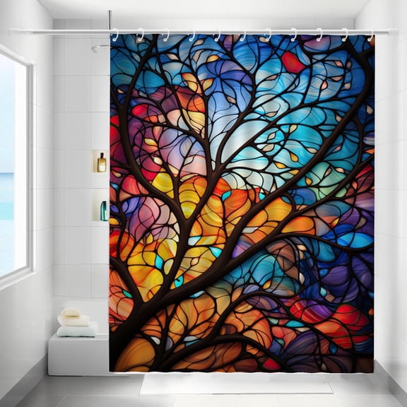 Stained Glass Tree Shower Curtain Colorful Tree Leaves Waterproof Bathroom Curtains with Plastic Hooks Rainbow Glass Window Tree of Life Bathtub Curtain Men Women Bath Decor