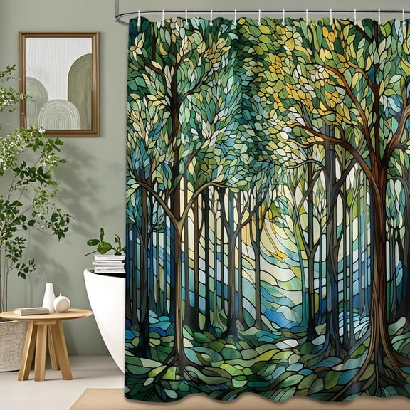 Stained Glass Shower Curtain Green Forest Tree, 70x72 Inch | Scenic Design, Nature Pattern Theme, Landscape Bathroom Decor Sets, Waterproof Cloth Fabric, with 12 Hooks