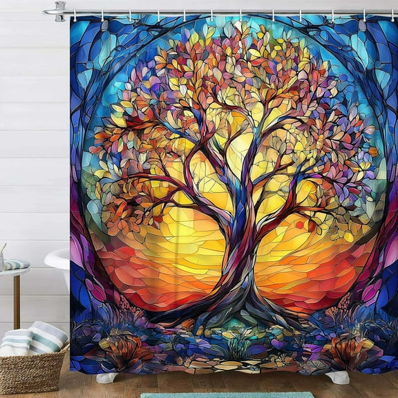 Stained Glass Shower Curtain, Stained Glass Tree Shower Curtains,Colorful Boho Tree Bathroom Shower Curtain, Polyester Fabric Bathroom Shower Curtain Set with 12 Hooks,36X72