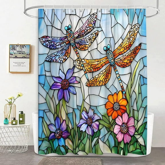 Stained Glass Shower Curtains for Bathroom,Dragonfly Floral Bathroom Decor Set with Hooks, Washable Kitchen Decorations Waterproof Polyester Fabric Shower Curtain-36"W x 72"L (Pack of 1)