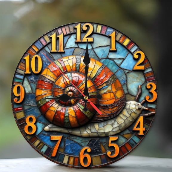 Stained Glass Snail Decorative Wall Clock Unique Art 10-Inch Silent Wooden Wall Clock, Battery Operated (AA Batteries Not Included), Artistic Home Decor