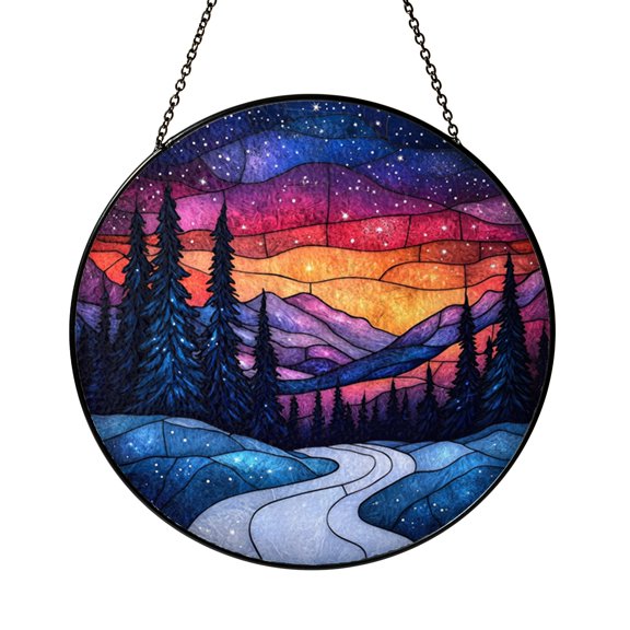 Stained Glass Snowy Woodland Suncatcher, Star Filled Night Sky Mountain Landscape Hanging Decor, Scenic Winter Forest Sun Catcher Art