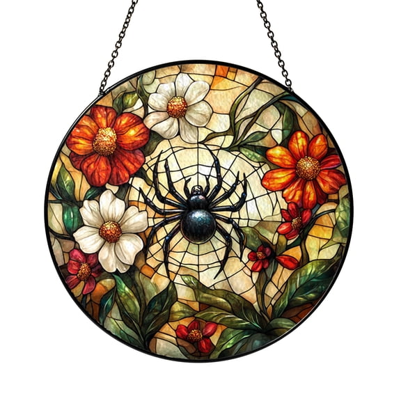 Stained Glass Spider Web Sun Catcher, Whimsical Floral Halloween Window Hanging