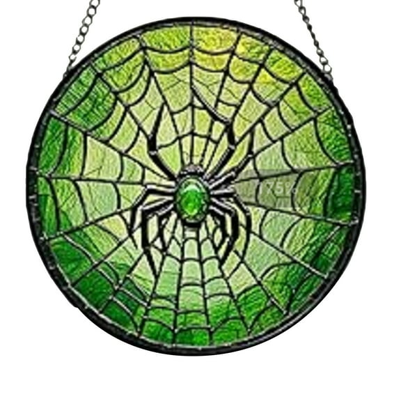 Stained Glass Spider Web Suncatcher with Green Spider Design, Hanging Window Panel Art for Home and Garden Decor, 8 Inch Round Ornament