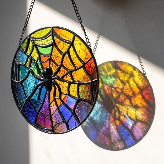 Stained Glass Spider Web Suncatchers, Window Hanging Spider Web Halloween Suncatchers, Round Halloween Sun Catchers Indoor Wall Window Decor