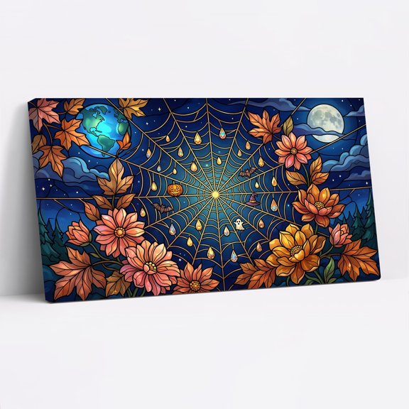 Stained Glass Spiderweb with Flowers and Moon Halloween Canvas Wall Art