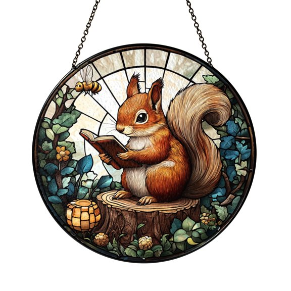Stained Glass Squirrel Panel, Reading on Tree Stump Window Hanging, Vibrant Nature Home Accent, Perfect Gift for Moms