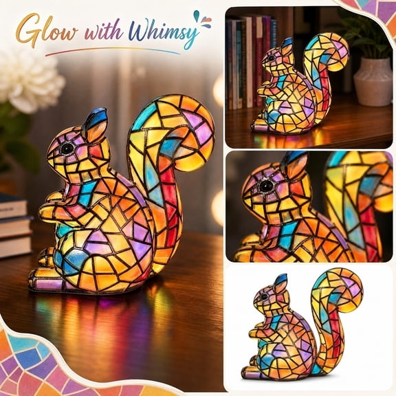 Stained Glass Squirrel Resin Led Tabletop Decor, Stained Glass Night Light, Decorative Lamp, Whimsical Home Decor, 6X5X3 Inch 15Cm B-Style Warm Ambient Accent Lighting Desk