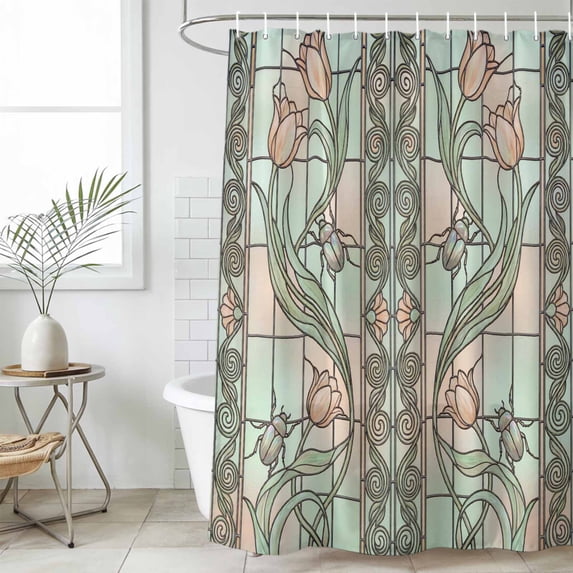 Stained Glass Standard Shower Curtain Set, Waterproof Shower Curtains for Bathroom, Vintage Colorful Flower Animal Textured Washable Fabric Bath Curtain for Bathtub Decoration with Hooks 72x72 Inches